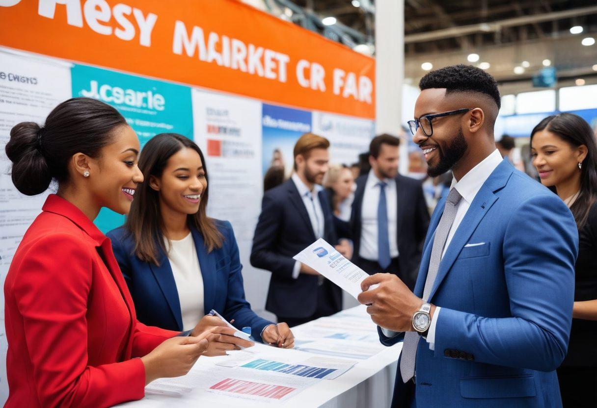 A diverse group of professionals, confidently networking at a bustling career fair, surrounded by vibrant job listings and informative brochures. A large banner overhead reads 'Job Market Mastery' in bold letters. In the foreground, an individual is engaging in a conversation while holding a resume, showcasing determination and ambition. The background features a city skyline to represent growth opportunities. vibrant colors. 3D. super-realistic.