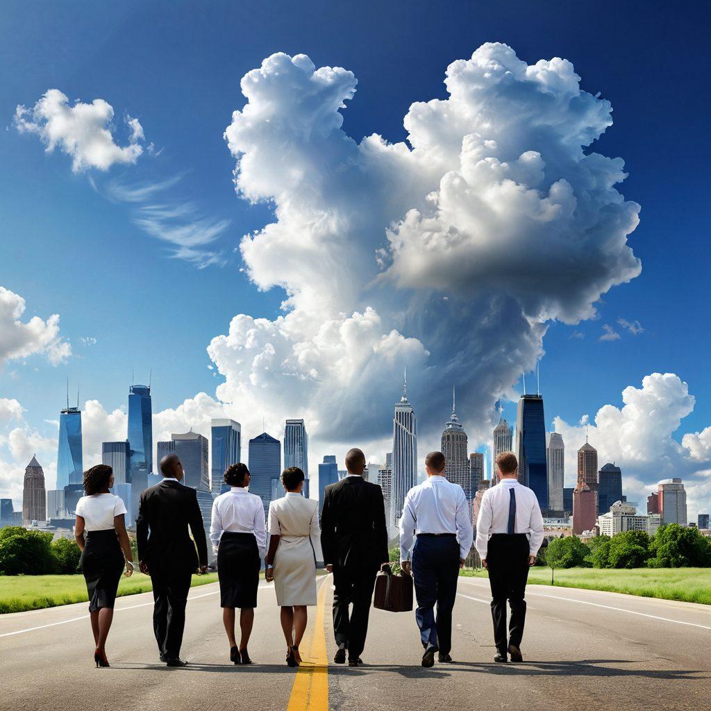 A diverse group of professionals in business attire, standing on two sides of a large, open road leading to a bright city skyline. On one side, individuals are focused on studying job listings, and on the other, a group is engaged in networking discussions. Above, a sky filled with motivational words like 'Success' and 'Opportunity' floats amidst cumulus clouds. The setting is energetic and hopeful. vibrant colors. super-realistic.